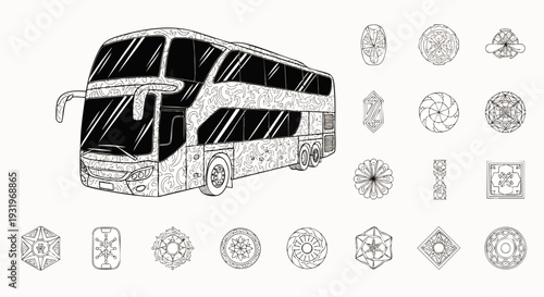 Intricate Zentangle Style Double-Decker Bus Illustration with Ornamental Geometric Elements. Detailed Line Art for Travel and Transport Designs.