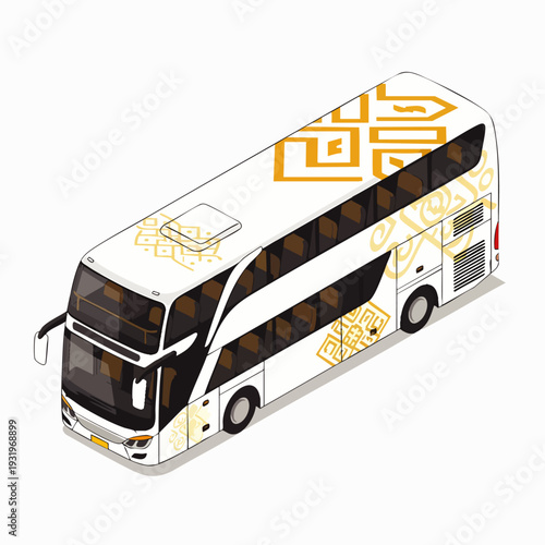 Isometric illustration of a sleek, modern white double-decker coach bus adorned with elegant golden patterns, ideal for travel and tourism designs.