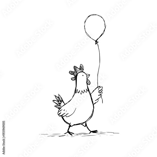 Whimsical black and white illustration of a chicken holding a balloon walking on a plain white background creating a playful and carefree atmosphere