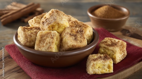 Delicious Roasted Sweet Potato Cubes Sprinkled with Cinnamon and Sugar Served in a Rustic Bowl