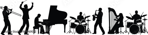 Silhouettes of musicians playing trombone, piano, drums, saxophone, harp with conductor symbolizing ensemble performance, collaboration, diversity, and live music illustration