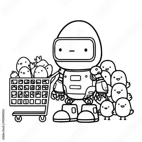 Robot surrounded by smiling eggs in a shopping cart and standing with egg characters in simple black and white illustration