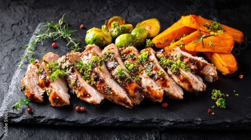 Delicious Sliced Baked Chicken Breast Meal with Roasted Vegetables and Fresh Herbs