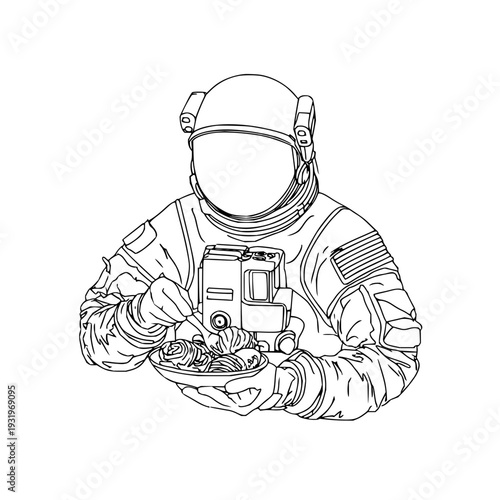 Astronaut in space suit eating meal from bowl with spoon usa flag patch on arm black and white line art illustration
