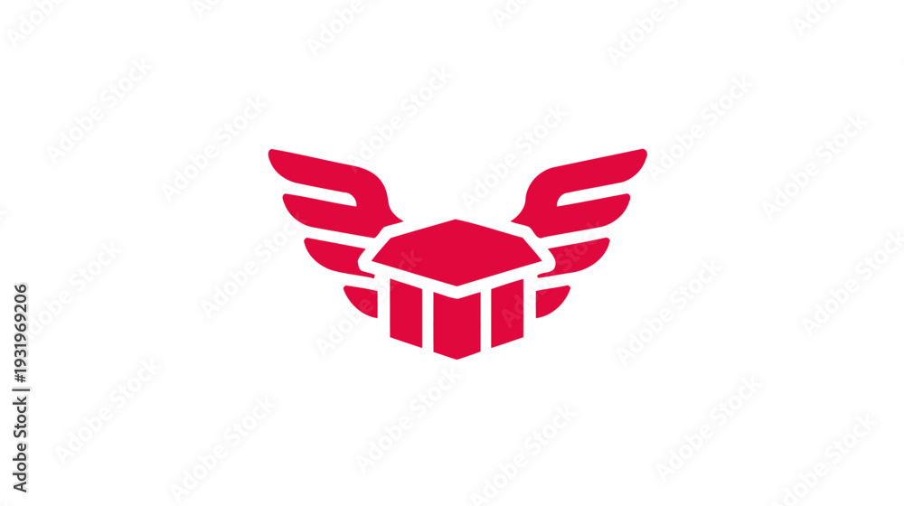Fototapeta premium A stylized crimson emblem features wings above a geometric shape suggestive of a package or container