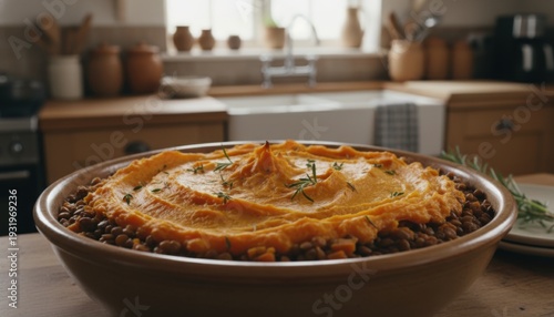Generous Serving Lentil Shepherd Pie Ready to Enjoy in a Rustic Kitchen Setting