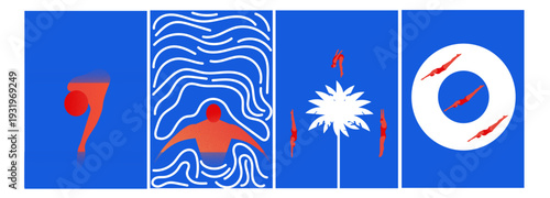 Modern abstract vector set with swimming figures and water patterns. Concept of mental clarity, freedom, flow state, meditation and emotional balance.