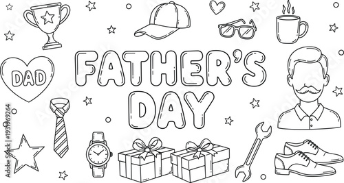 Father's day coloring page for kids with fun illustrations and gifts