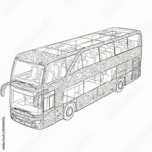 Detailed outline drawing of a modern double-decker coach bus, perfect for travel, tourism, and public transport concepts. Vector illustration for coloring books or technical designs.