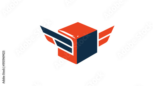 A geometric abstract logo with a cube, wings and a modern color palette on a white background