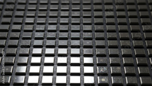 Rows of tiny square electronic components arranged in a precise grid pattern, showcasing advanced technology and manufacturing processes.
