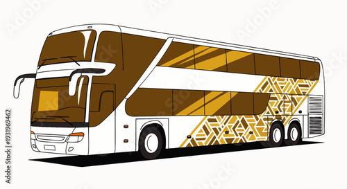 Modern double-decker coach bus illustration with sleek brown and white design, featuring geometric patterns for luxury long-distance travel and tourism transport.