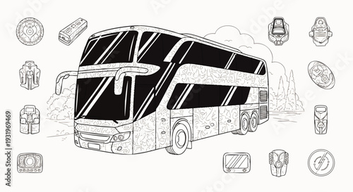 Detailed outline drawing of a modern double-decker long-distance coach bus, perfect for a coloring book page. Black and white line art vector illustration for kids and adults.
