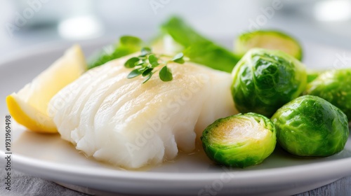 Steamed Cod Fillet with Flaky White Texture Served with Fresh Brussels Sprouts
