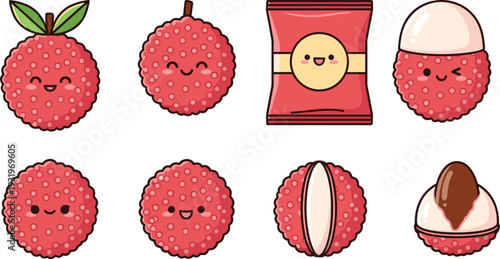 Vector set of cute lychee characters, whole fruit with leaves, peeled lychee, and snack packaging, isolated on white background, fruit.