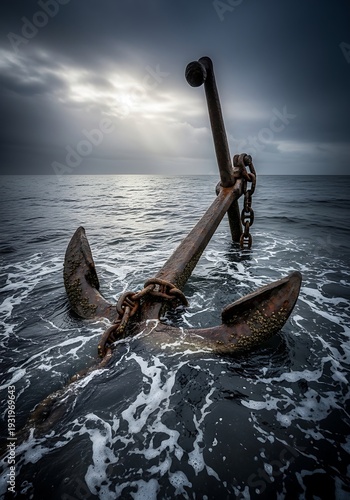 Rusty anchor adrift on the dark sea under the moody sky at coastline