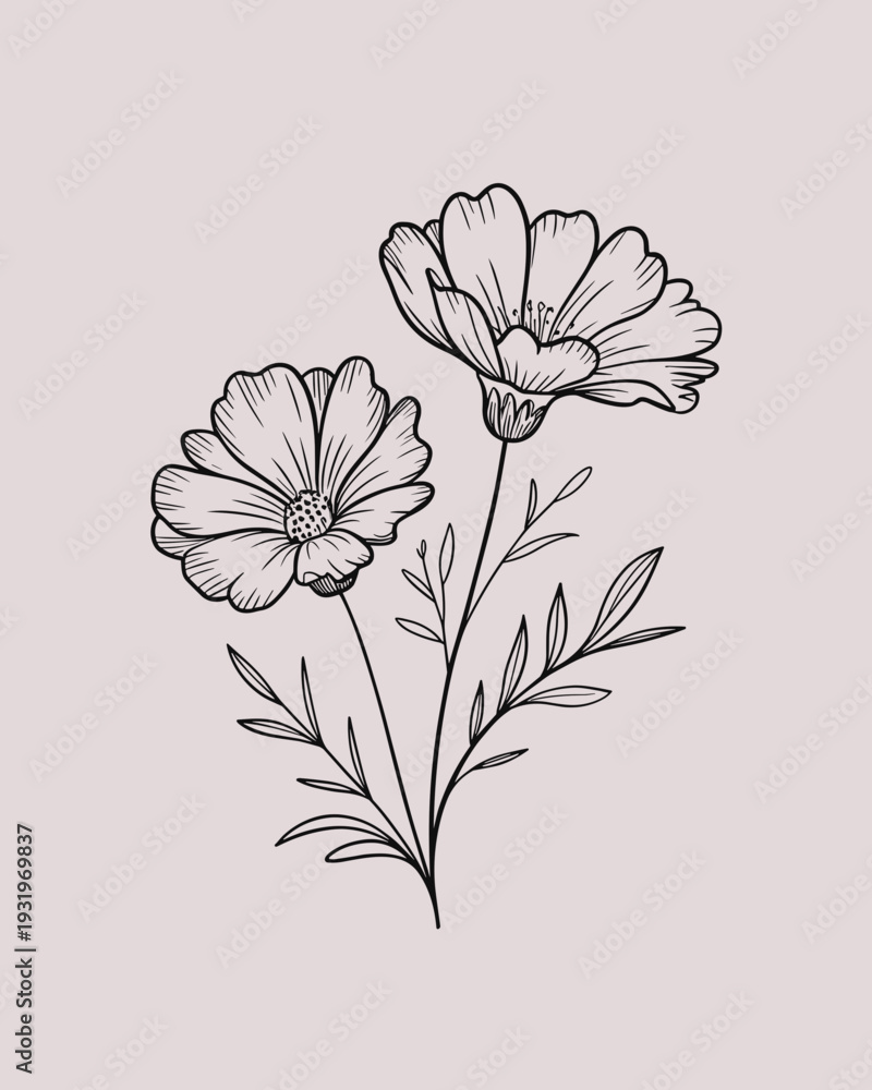 Fototapeta premium Elegant Wildflower Botanical Line Art – Minimal Floral Outline Illustration