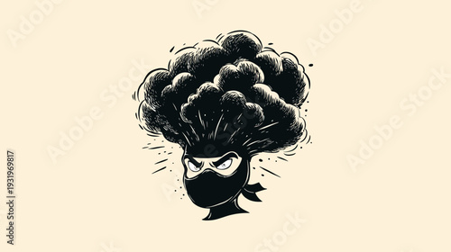 Black and white illustration of a ninja with a cloud-like afro on a beige background