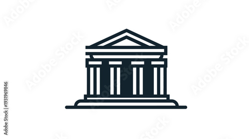 Black outline illustration depicting a building with columns and a triangular roof