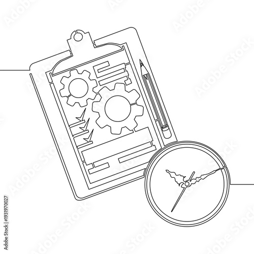 Continuous one single line drawing Clipboard with gears and clock symbolizing workflow management and time optimization icon vector illustration concept