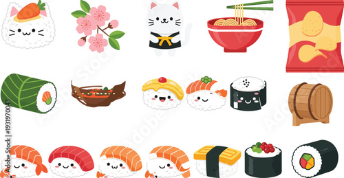 Vector set of cute sushi characters, nigiri, maki rolls, ramen bowl, potato chips, cherry blossoms, and lucky cat, isolated,