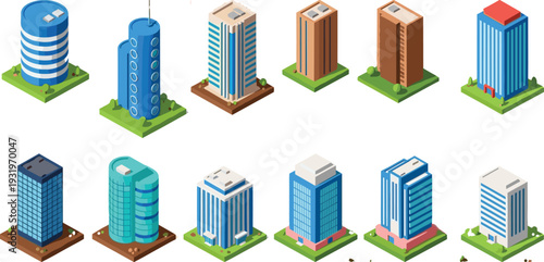 Isometric vector set of modern office buildings, skyscrapers, corporate towers, and urban architecture isolated on white background for city design.