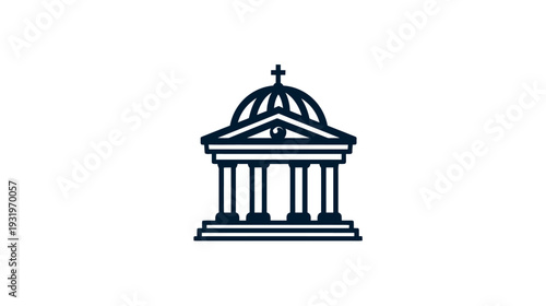 A dark blue line art illustration of a classical domed building with columns, and a cross