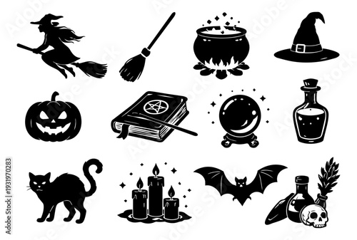 Witch and Halloween Silhouettes Set – Magic, Broom, Cauldron and Spell Symbols Black