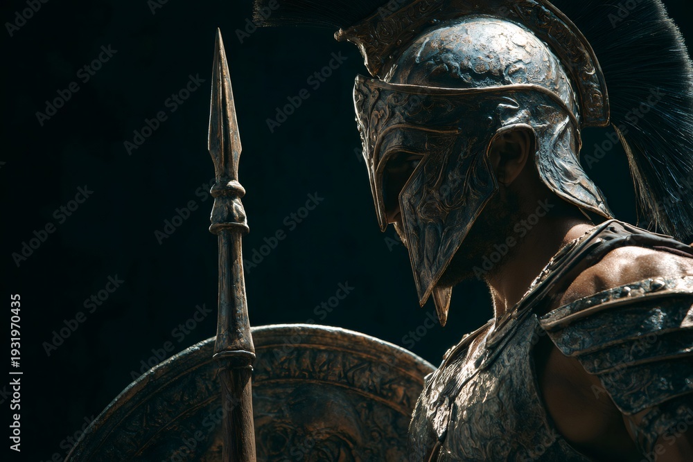 Fototapeta premium Spartan warrior holding spear and shield ready for battle