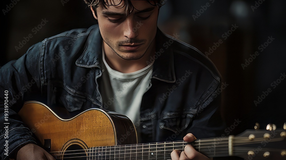 Fototapeta premium A man playing a guitar in a dimly lit room and focused 