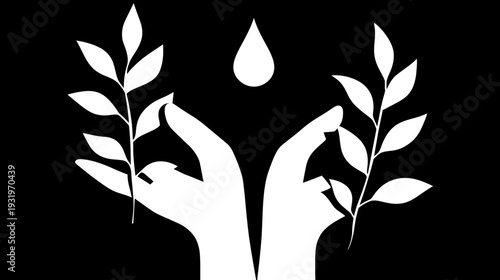 Hands cupping water droplet, flanked by olive branches on black background. Minimalistic nature theme