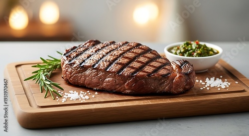 Succulent grilled steak with chimichurri sauce and fresh rosemary sprig
