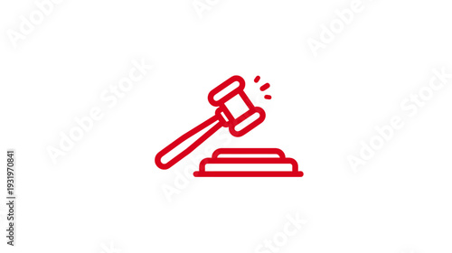 A red outline of a gavel striking a block against a white background