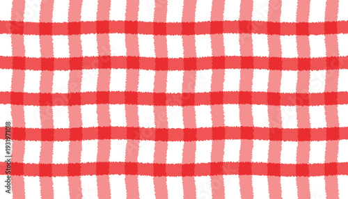 Red and white gingham pattern background with hand-drawn texture