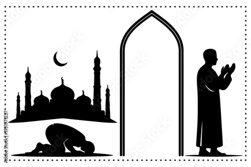 Islamic Prayer Silhouette with Mosque and Crescent Moon – Minimalist Ramadan Vector