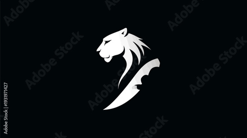 Stylized, minimalist design of an animal's head, possibly a feline, combined with a curved blade
