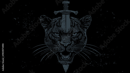 A fierce feline head with a sword piercing its forehead, set against a dark, textured backdrop
