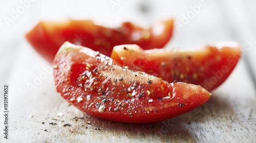 Fresh Ripe Red Tomato Wedges Seasoned with Cracked Pepper and Salt