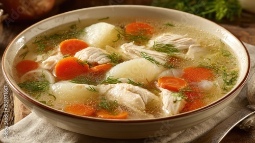 Hearty chicken noodle soup with carrots and potatoes in a rustic bowl, steaming and ready to enjoy.