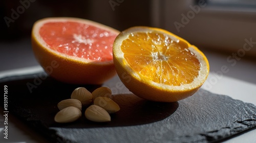 Juicy sliced grapefruit and a halved orange with almonds presented on a dark slate surface