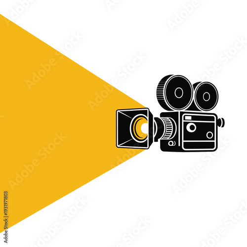 Vintage film camera projects light beam banner.