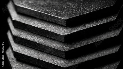Textured dark material sheets stacked with rough grainy surface detail