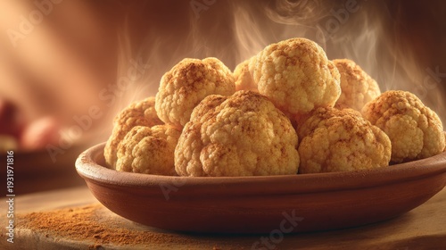Steamed Cauliflower Florets Dusted With Spices Served in a Clay Bowl