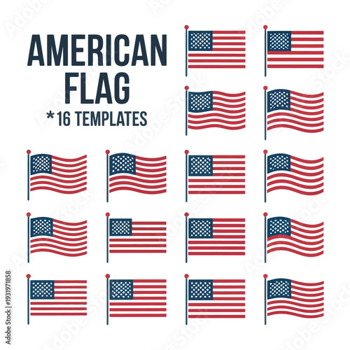 American flag templates feature sixteen waving.