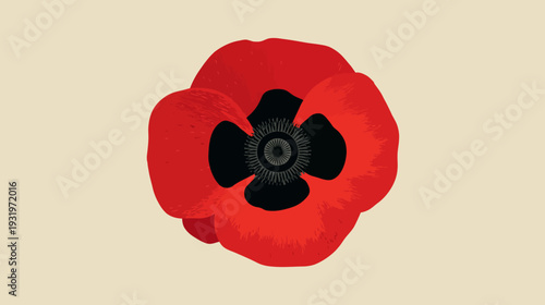 A vibrant, close-up digital illustration of a poppy flower with bold red petals on beige background
