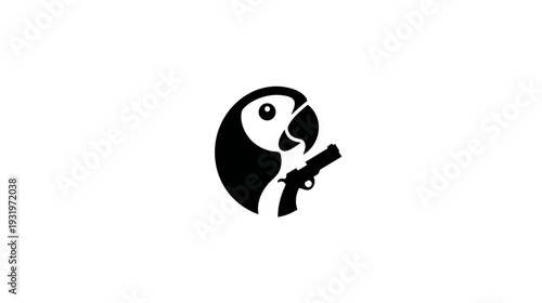 A monochrome illustration of a bird holding a pistol in its beak, against a white background