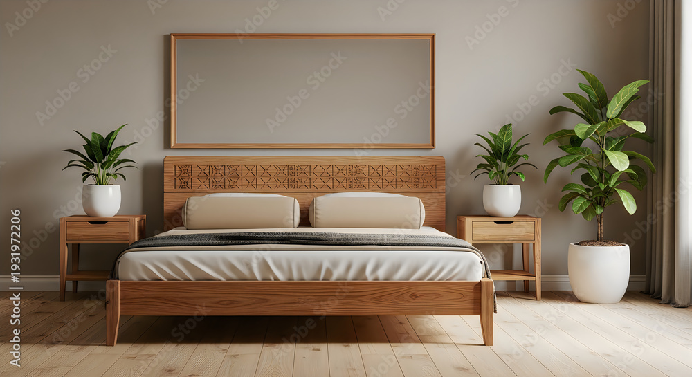 Fototapeta premium Cozy Bedroom with Wooden Bed, Nightstands, and Plants, Natural Light