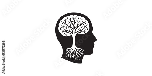 Creative silhouette logo featuring a human head profile with a tree growing inside the brain area above the word psychology, isolated on white background