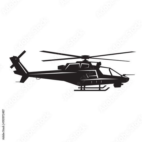 Black silhouette of attack helicopter with rotors and tail rotor