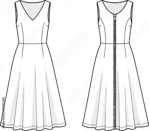 Sleeveless V Neck Flare Dress Technical Flat Sketch, Front and Back View CAD Drawing, A Line Garment Vector Illustration, Fashion Design Template